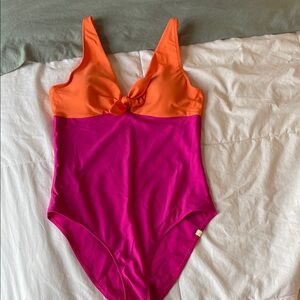 Vibrant Pink and Orange tie front One Piece Swimsuit NWOT